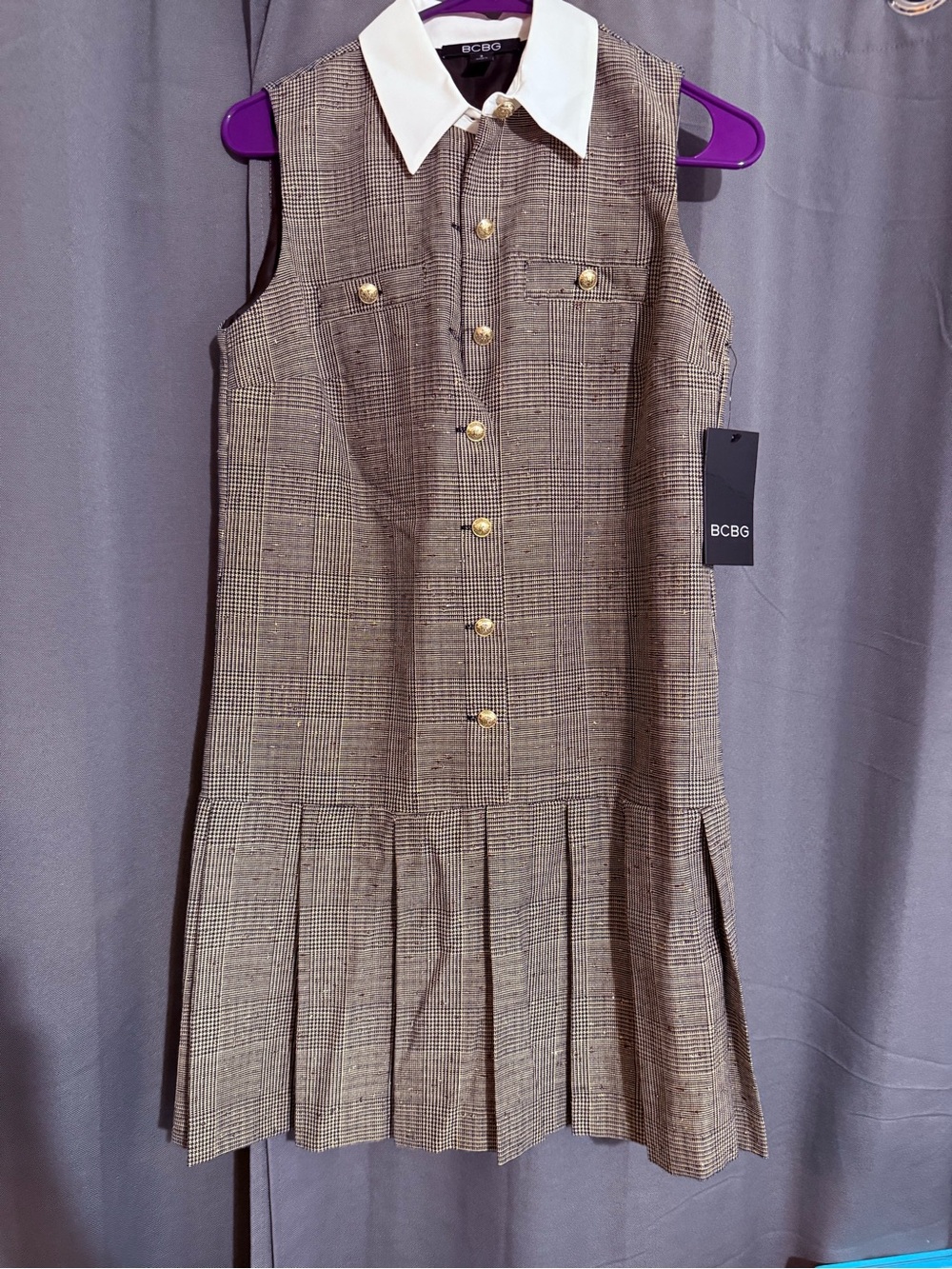 BCBG Brown Plaid Sleeveless Pleated Shirt Dress with White Collar